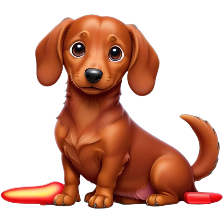 cinematic-[dachshund dog]-realistic-full-body-sitting-emoji,-tail-resting-loosely-beside-its-paws,-head-tilted-dramatically,-sleek-[red]-fur,-simplified-yet-realistic-focused-features,-highly-detailed,-glowing-with-an-almost-sarcastic-glow emoji
