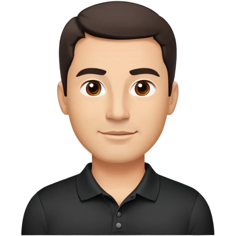 Middle-aged man with strong square face, pronounced jawline, full cheeks, neutral expression, dark brown eyes, thick eyebrows, wide proportional nose, friendly smile with medium lips, short dark hair neatly styled to the side, wearing a black polo shirt emoji