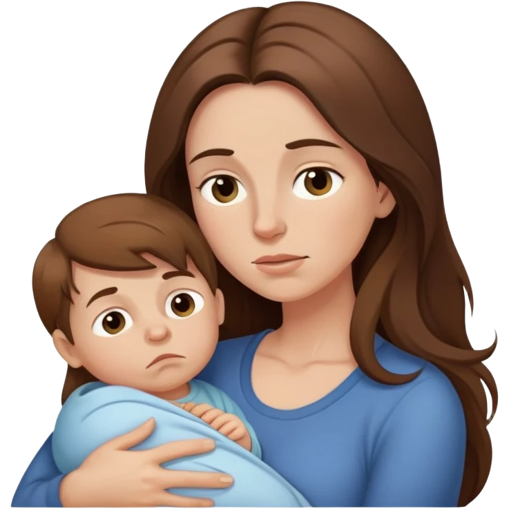 Exhausted mom with long brown hair and baby boy emoji