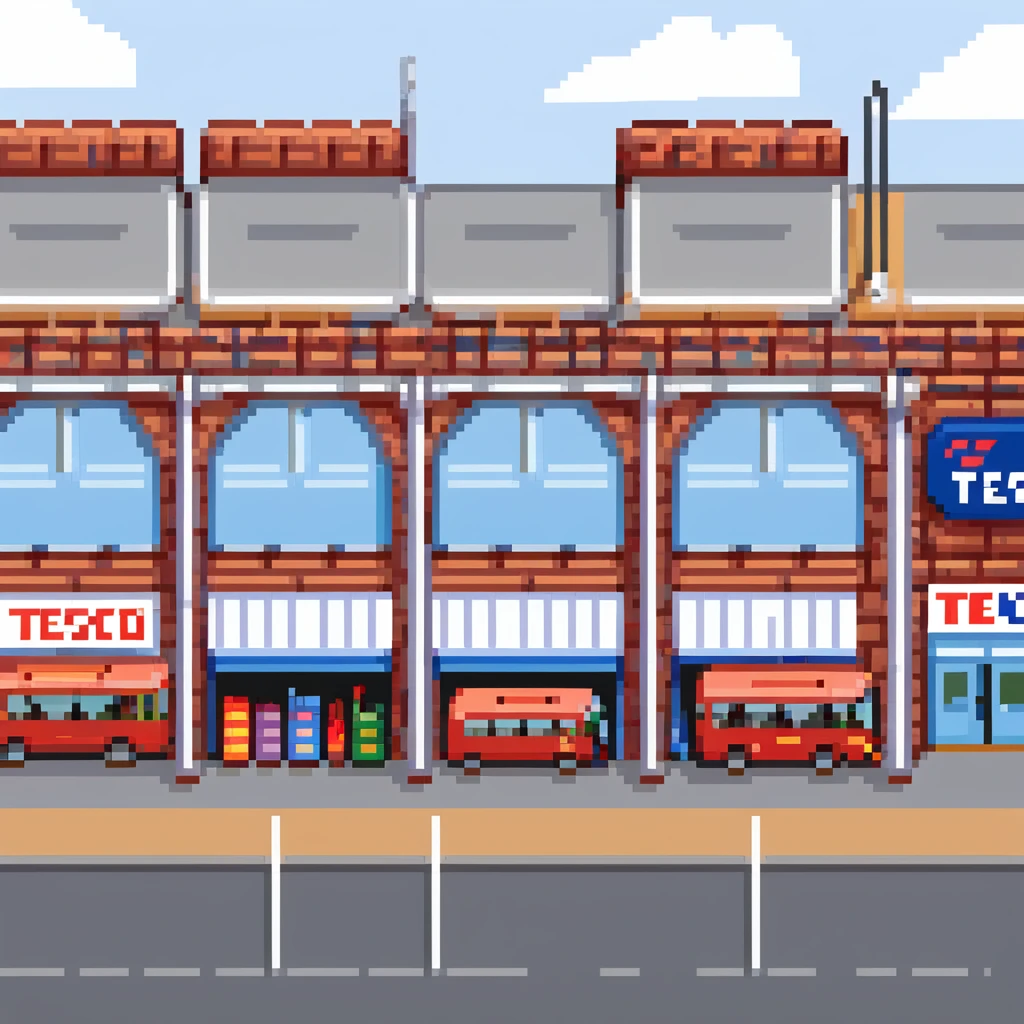 Isometric view of a British supermarket building with red brick facade, Tesco-style signage, shopping trolleys, and small parking area with double-decker bus visible emoji