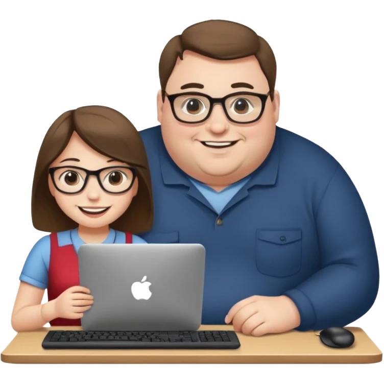 A girl helping a really fat man on the computer emoji