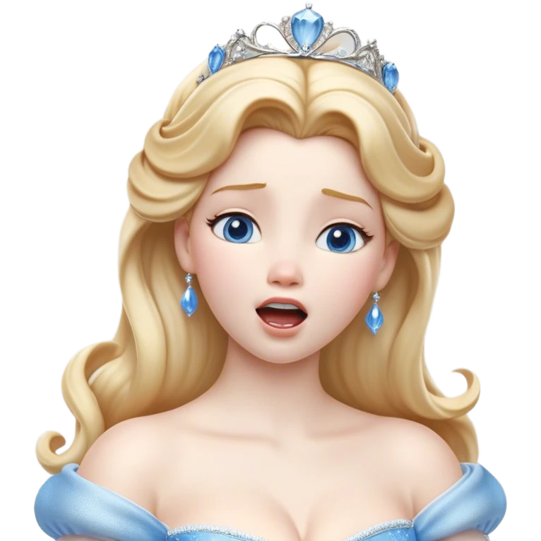 Cinematic Realistic Yawning Cinderella Portrait, showcasing lifelike porcelain skin and intricately detailed golden-blonde hair styled flawlessly as she mid-yawn reveals a moment of tender vulnerability. Her half-closed blue eyes and relaxed expression are rendered with natural, soft lighting that emphasizes the subtle textures of her face and the detailed, flowing fabric of her iconic gown. The scene glows with a cozy, authentic warmth that captures a rare, intimate moment of repose. emoji