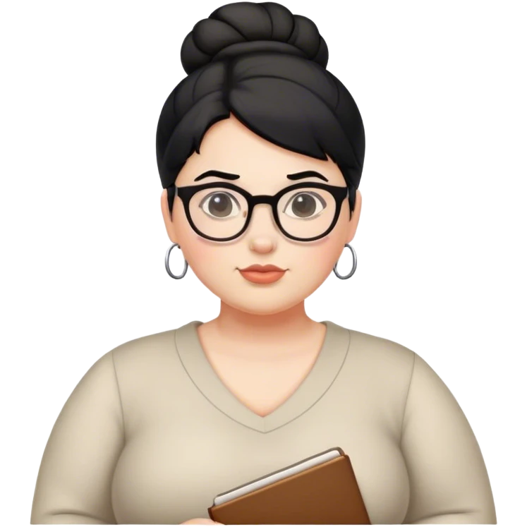pale chubby female teacher with black hair in a updo bun, wearing glasses emoji