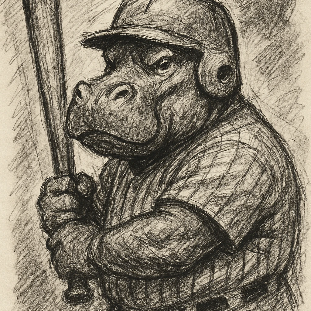 hippo holding a baseball bat, wearing a yellow helmet, pinstripes outfit emoji