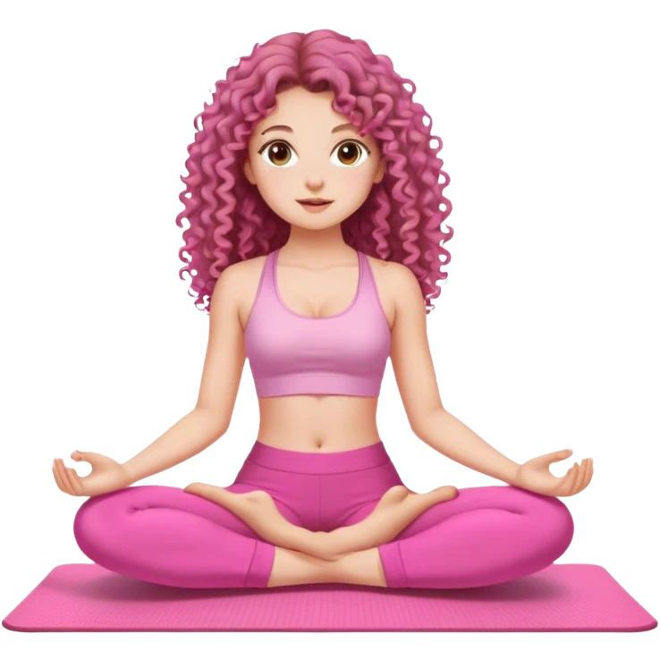 fair skinned, brown eyed, beautiful long haired curly girl, pink clothes, pink pants, sitting on a yoga mat. emoji