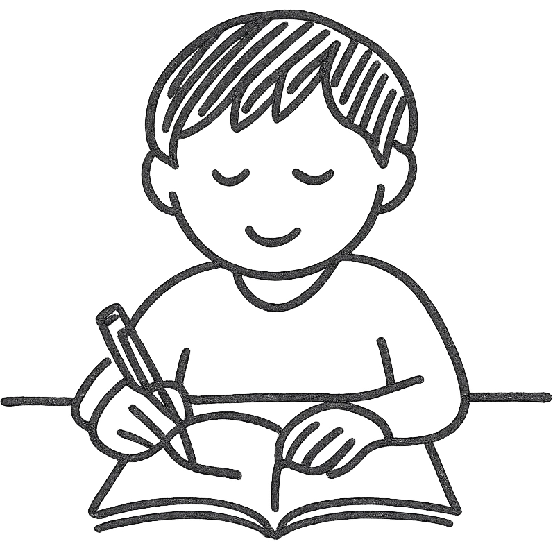 student studying, hand drawn style, simple lines, desk and pencil emoji