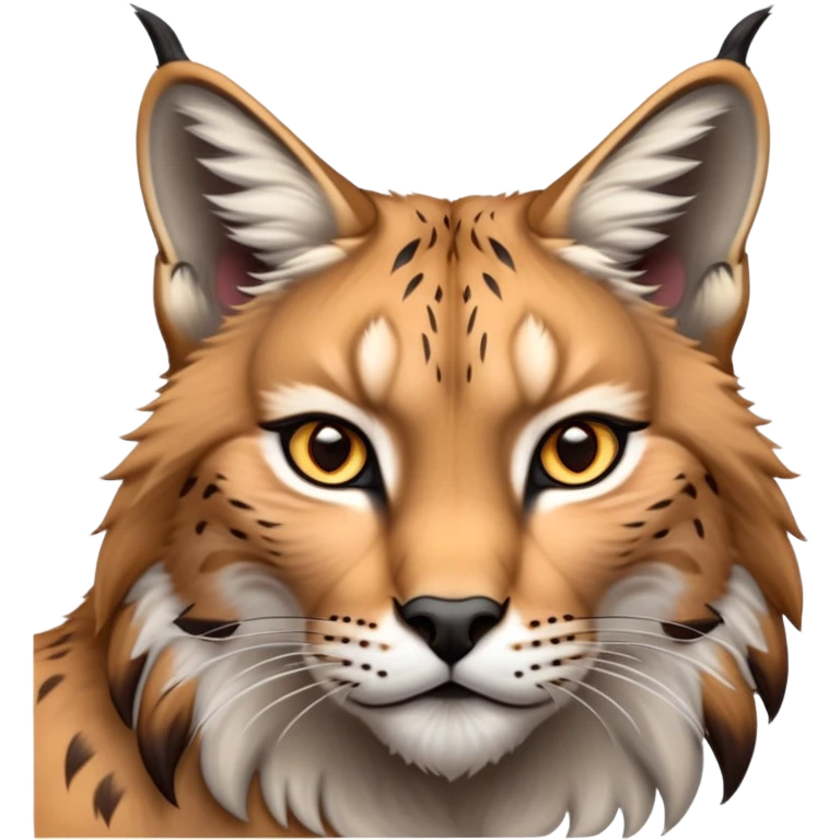 Cinematic-Noble realistic-Lynx-Portrait-Emoji – Poised and regal, with a strong, agile build and a strikingly patterned fur of warm tawny fur accented by bold black ear tufts, deep-set, intelligent amber eyes, simplified yet sharp and sophisticated. zoomed out to show shoulders emoji