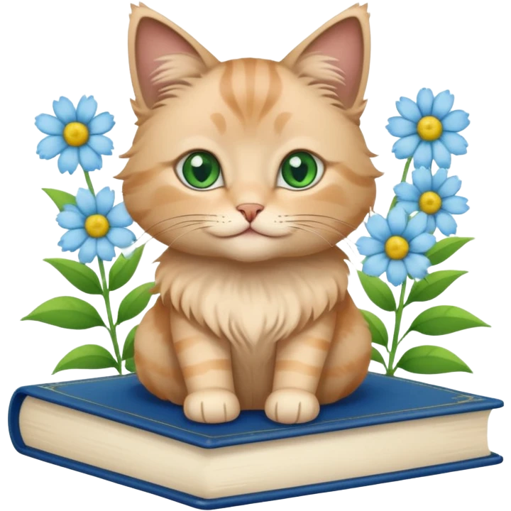 A beige fluffy cat sits on top of a blue book + flower aesthetic  emoji