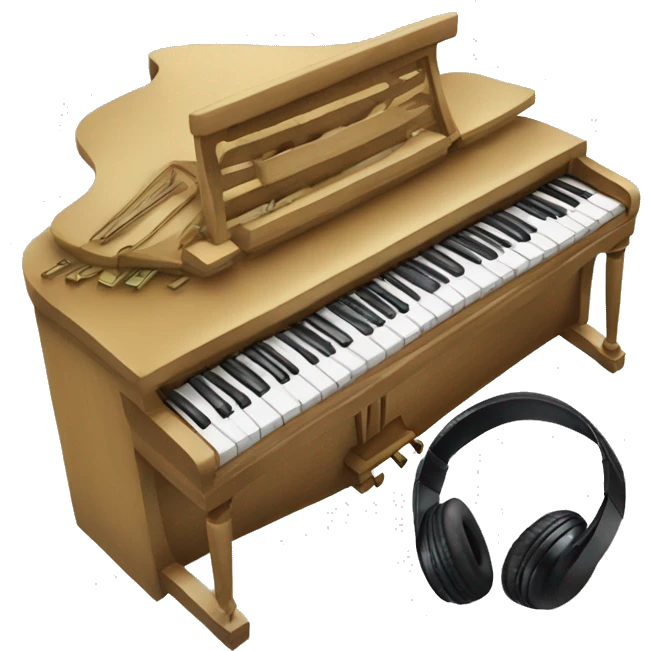 Piano with notes around it and some headphones emoji