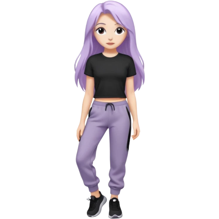 Девушка белокожая на беговой дорожке, с длинными светло-лиловыми волосами, в черном топе, в серых спортивных штанах, с черными ресницами emoji