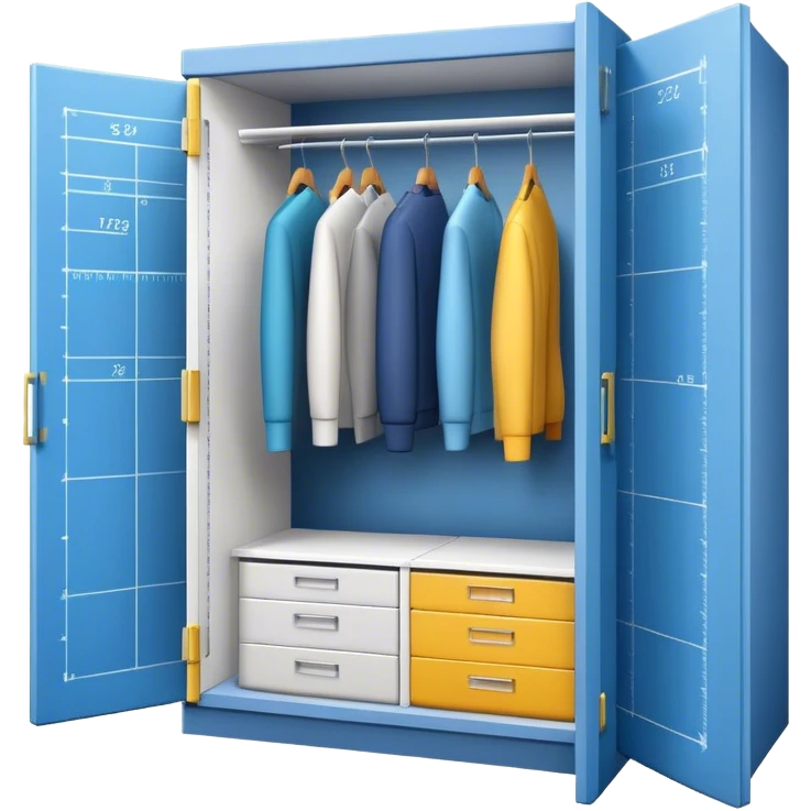 Icon for Furniture Design: a close-up view of a 3D wardrobe on a blueprint, with a measuring tape alongside. The icon should represent precision and the design process in furniture creation. Transparent background. emoji
