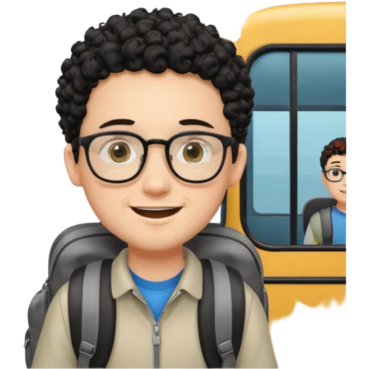 A young boy DEVELOPER WITH A backpack, black curly short hair, wearing glasses, a thin goatee, his skin is white, riding a bus emoji