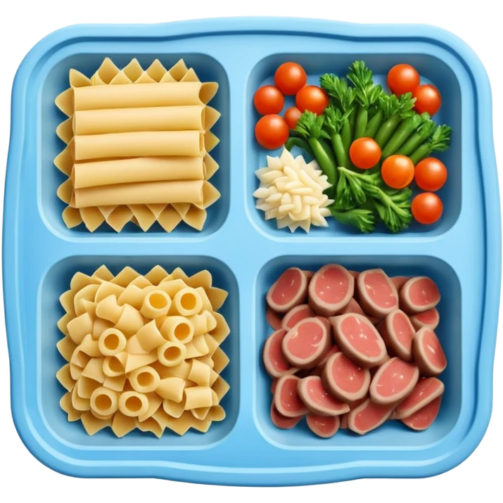 frozen meal tray rectangular 2-3 compartments frozen pasta vegetables meat frosty ice crystals muted colors firm uncooked dark simple tray no branding no utensils no packaging soft lighting transparent background emoji scale emoji