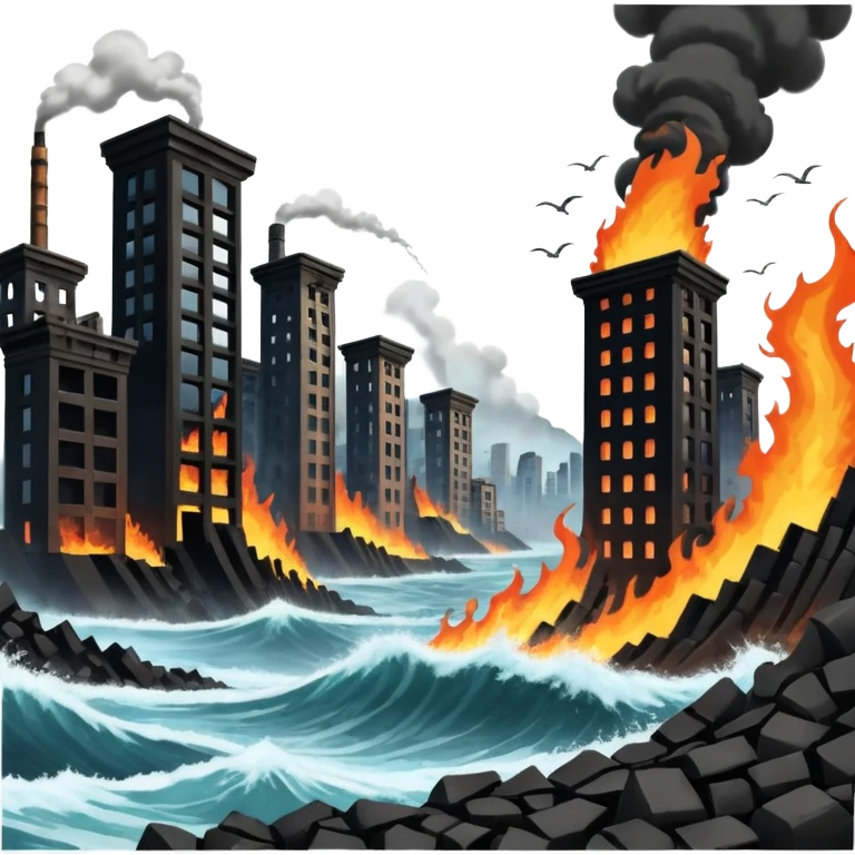 an apocalyptic backdrop of a city in ruins and on fire with a tidal wave and earthquake in the style of cyber punk and steam punk ascetics,  but rugged realistic style emoji