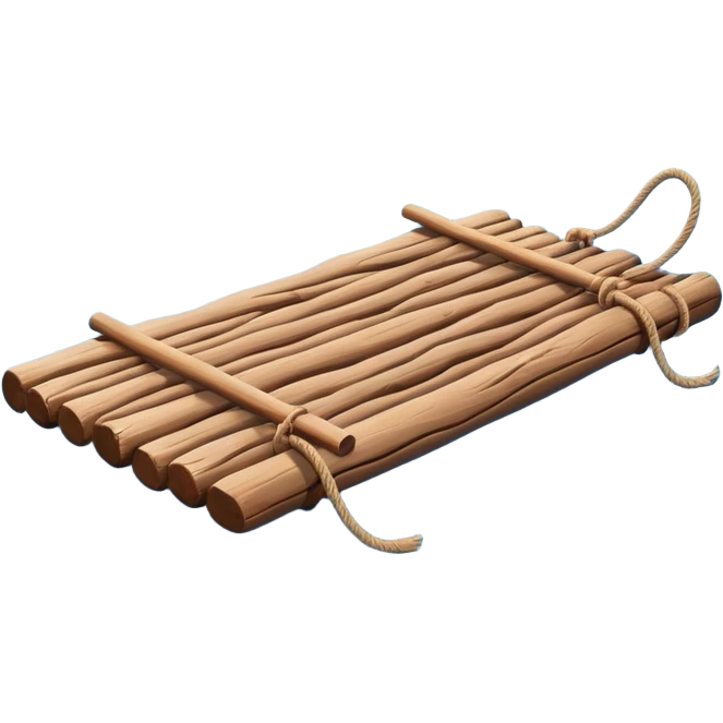 showing a simple wooden raft floating on calm blue water — made of several brown logs tied together with rope — gentle ripples around it — bright, cheerful lighting and soft shadows — minimalist, clean emoji design emoji