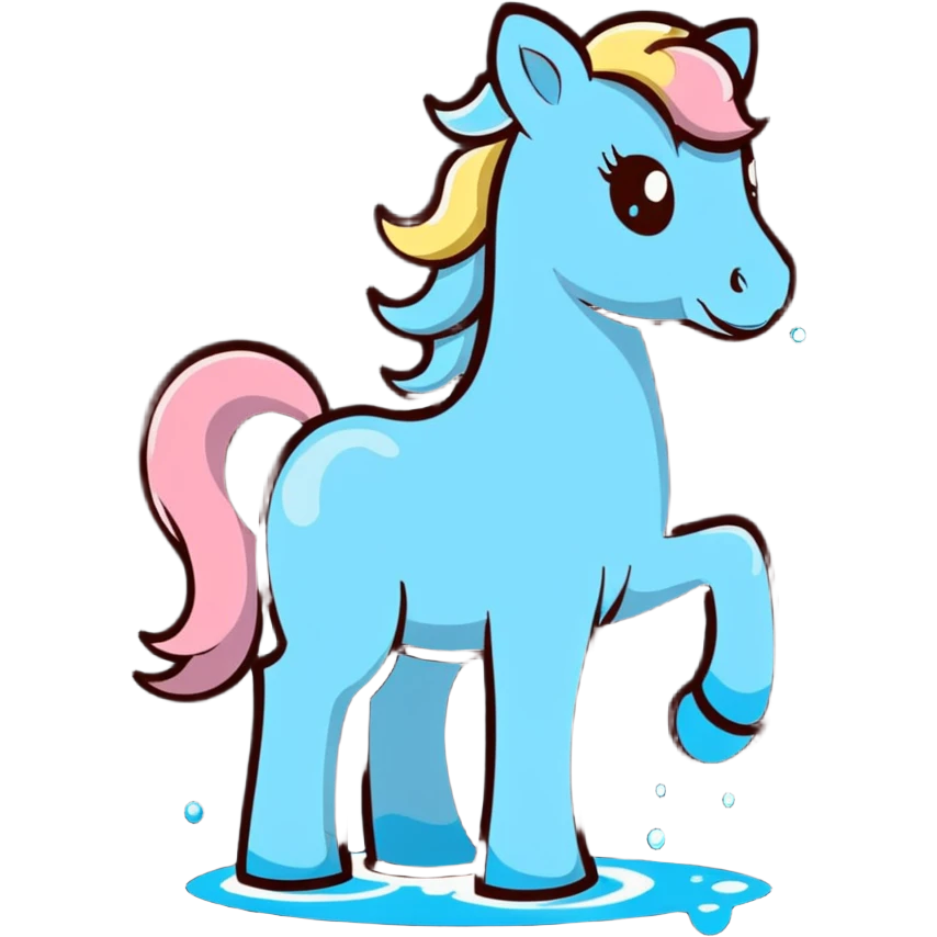 A playful horse composed of transparent bubbles and water droplets, bubbling and glistening emoji