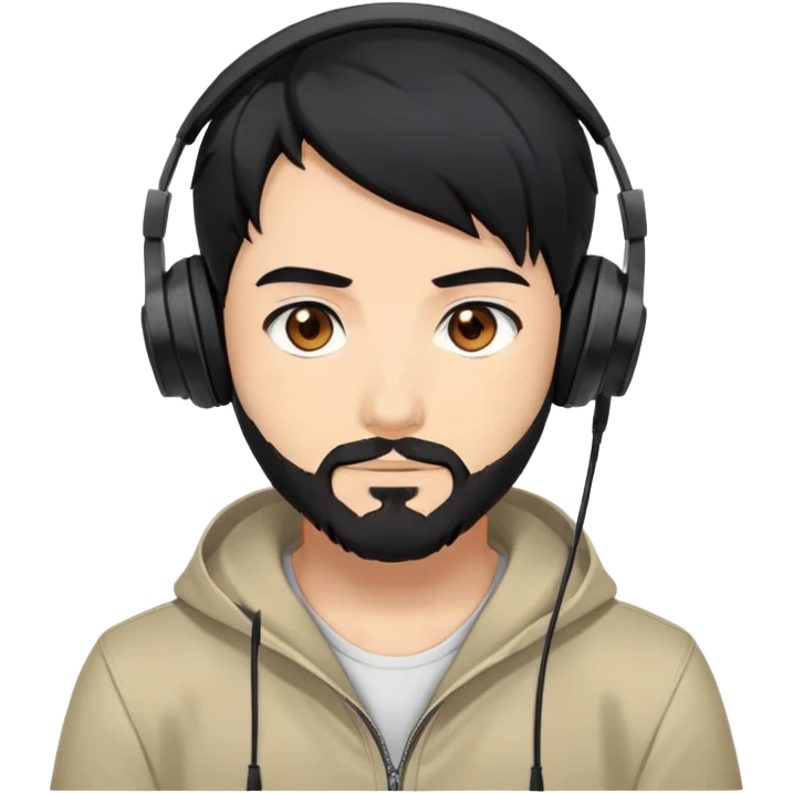 Anime-style man with black hair, brown eyes, black beard wearing gaming headphones, anime character design emoji