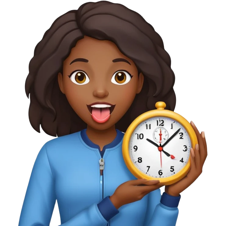 Excited black girl with tongue out holding a clock emoji