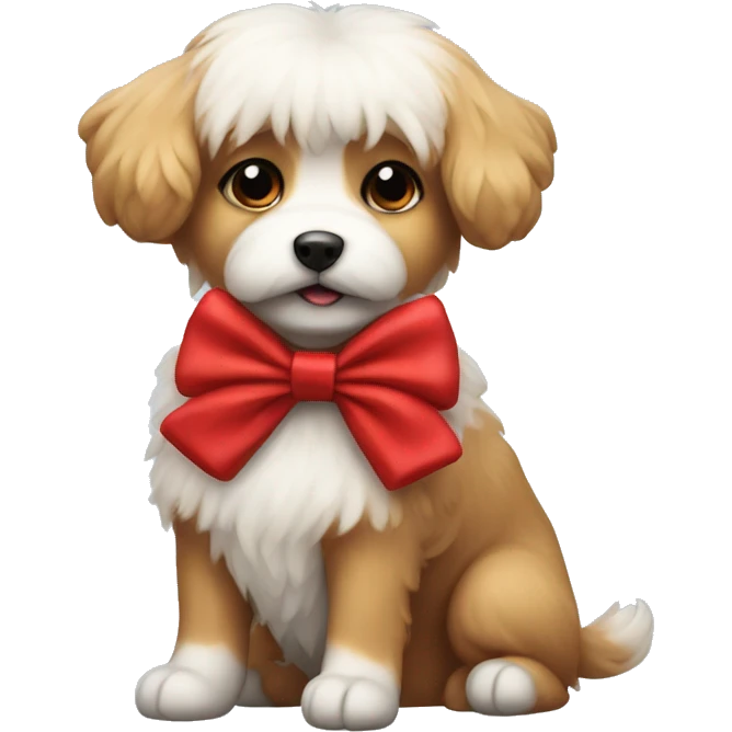 Small fluffy dog wearing a red bow emoji