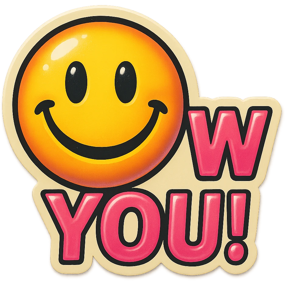 excited smile with mouth closed 
add the words W You! in pink emoji