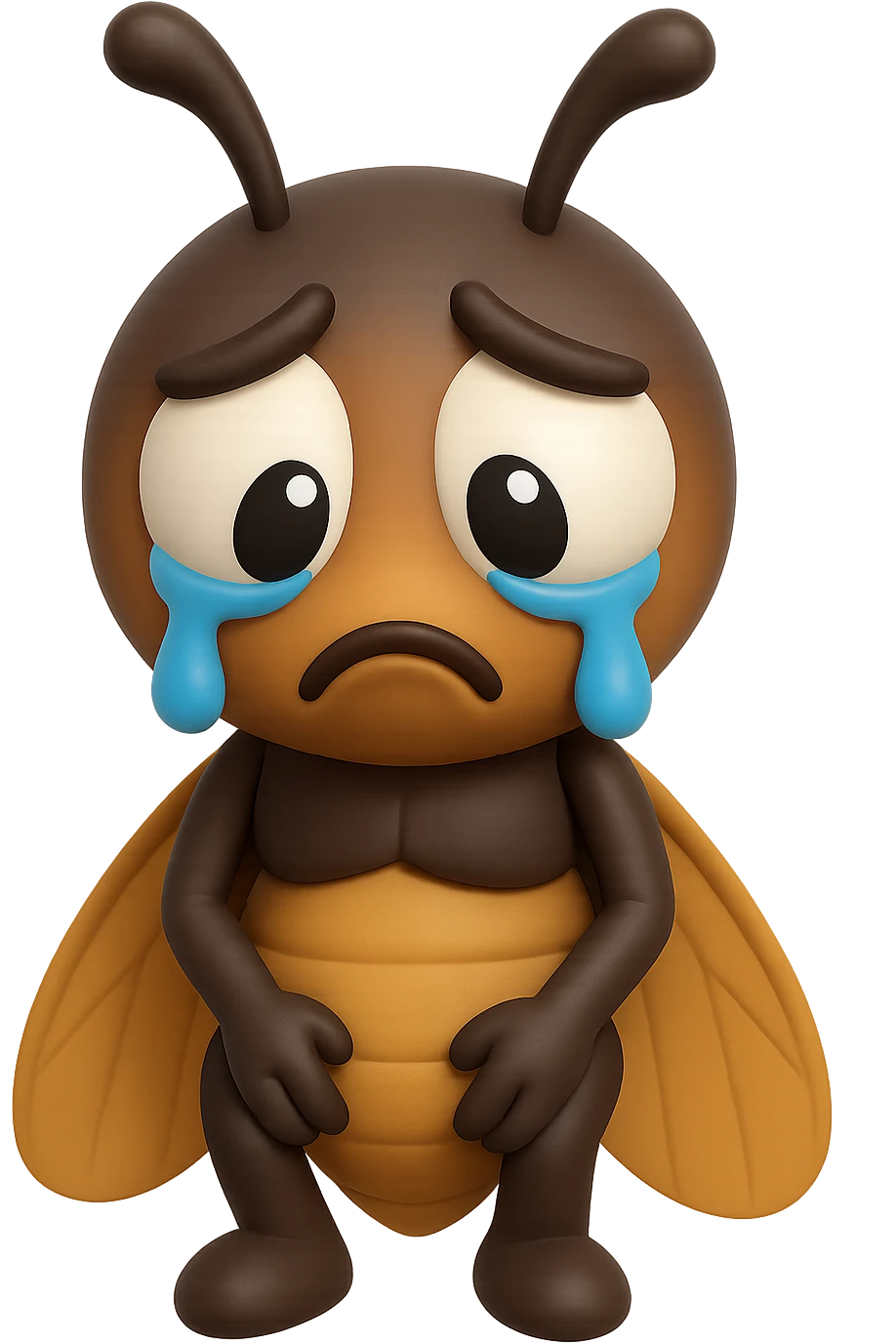 EMOJI STILE IPHONE 3D DI una cicala triste che si tocca le cosce e piange perché non le piace il suo fisico, posa frontale, fagli gli occhi bianchi , non solo la pupilla emoji