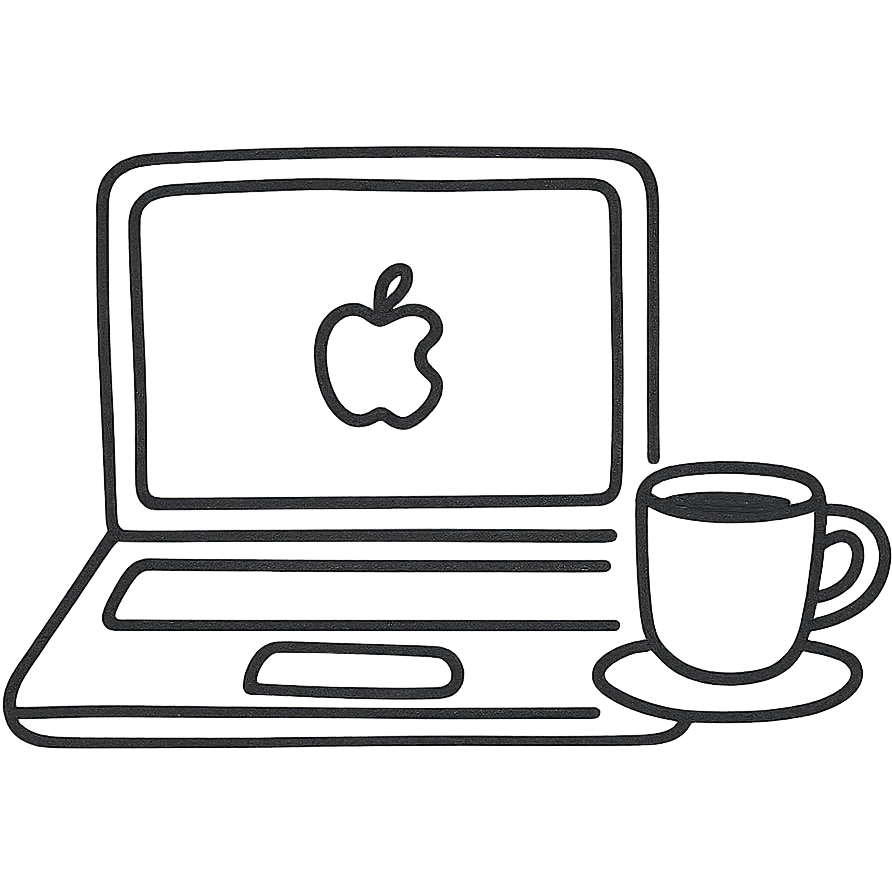 MacBook con café, estilo boceto a mano emoji