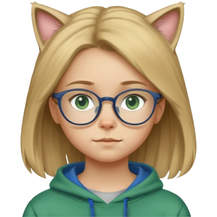 An 11 year old girl with dirty blonde hair, glasses, blue eyes, and a green sweatshirt with a cat on her head  emoji