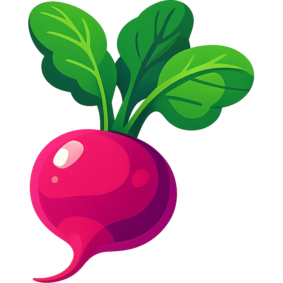 bright colorful illustration of a large radish with emphasis on volume and shine, fresh leaves emoji