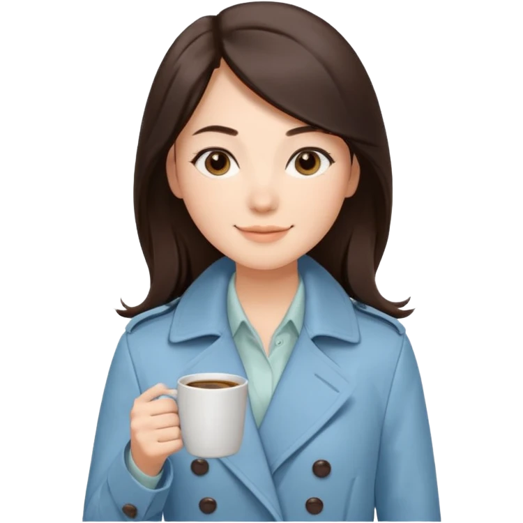 Mei – Cewe Kalem Kulit putih halus, rambut coklat gelap panjang lurus rapi, belah samping. Pakai trench biru muda sambil cangkir kopi, ekspresi tenang senyum emoji