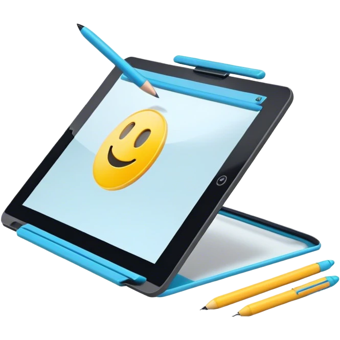 Create an emoji for 3D visualization and modeling. Show a large graphic tablet with a stylus drawing in a 3D modeling program. The 3D model on the screen should appear to protrude out of the screen. Use modern, professional colors. Make the background transparent. emoji