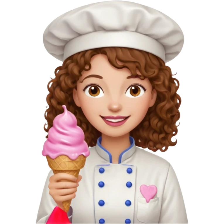 woman brown curly hair, chef, eating pink ice cream emoji