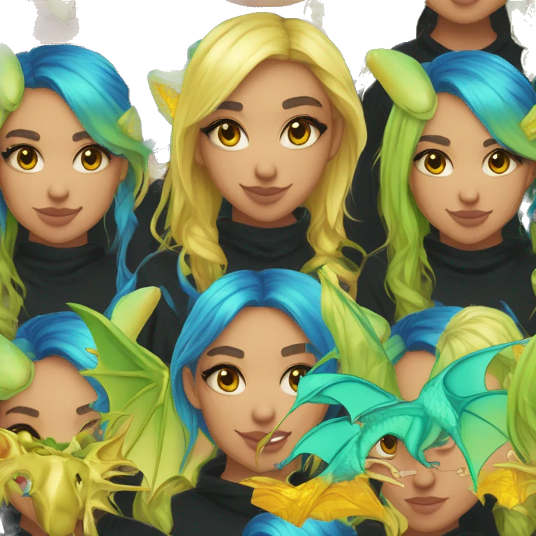 Lady with brunette and iridescent blue hair, gold, lime green dragon wings, black hoodie, bleach dyed, black and gold Nike t shirt, and bright red eyes emoji
