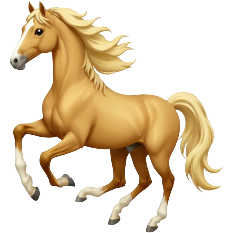 Brown  palomino horse with long flowing mane galloping with prosthetic leg, slender horse, solid yellow horse, running, galloping with prosthetic leg, pretty horse, horse with piebald foal emoji