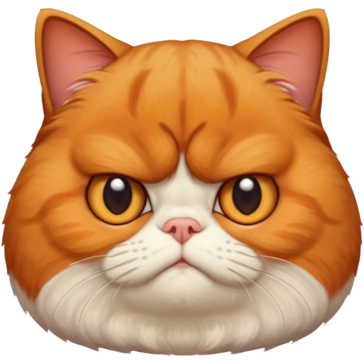 貓咪特徵強調
 
品種/臉型： 以**加菲貓（Garfield cat）或異國短毛貓（Exotic Shorthair）**為原型。
面部特徵： 強調扁臉（Flat face）、極度厭世的表情（Extremely grumpy/grumpy/displeased expression）、深深的皺眉（Deeply furrowed brow）、以及大眼睛（Large eyes）。
毛髮： 擁有雙層、蓬鬆的長毛（Double-coated, fluffy long fur）。 emoji