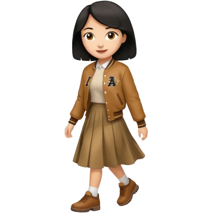 light skin, black cololong hair girl with brown varsity jacket and long skirt walking  emoji