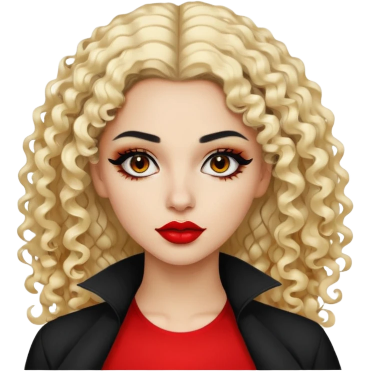 Pale Saudi beauty, pretty baddie, black eyeliner red lips, split dye leftside blonde rightside black curly hair emoji
