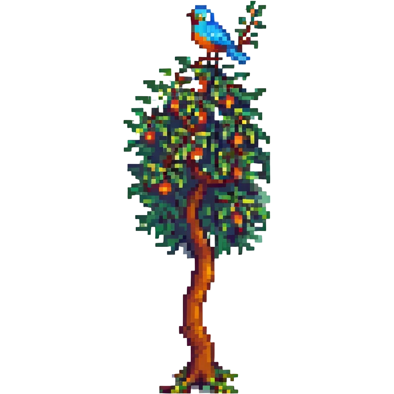 orange tree pixel art style with a bird perched on a branch emoji