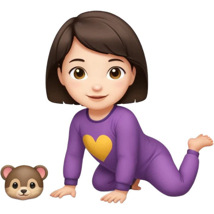 short brunette hair baby crawling on the floor with cute animal symbol clothes emoji
