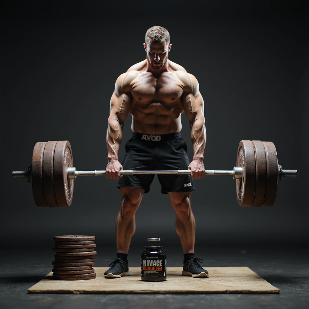 realistic powerlifter lifting barbell for deadlift, bottle of AAS on floor next to plates, thoughtful expression, isolated on white background emoji