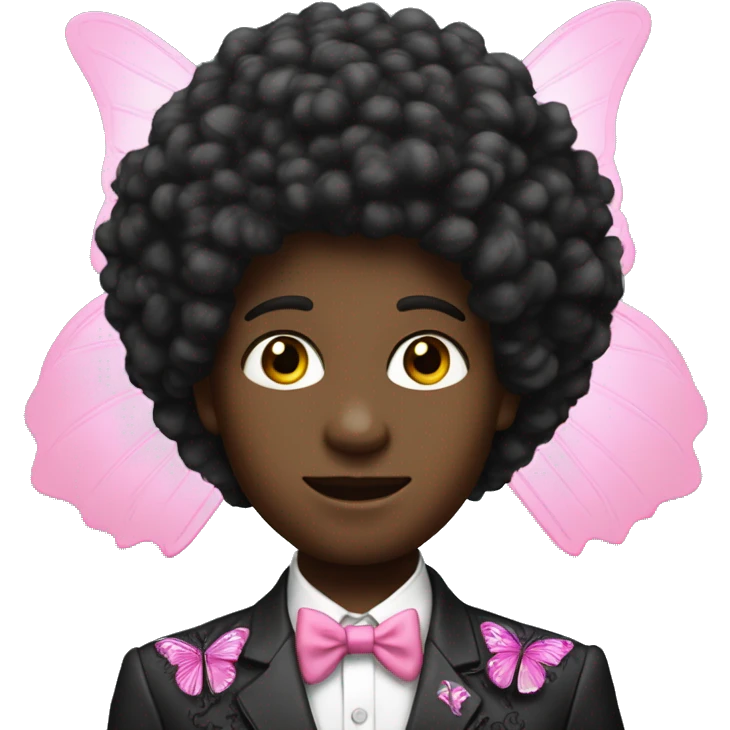 A black twink with afro mullet hair in an intricate suit, engraved with pink butterfly emoji