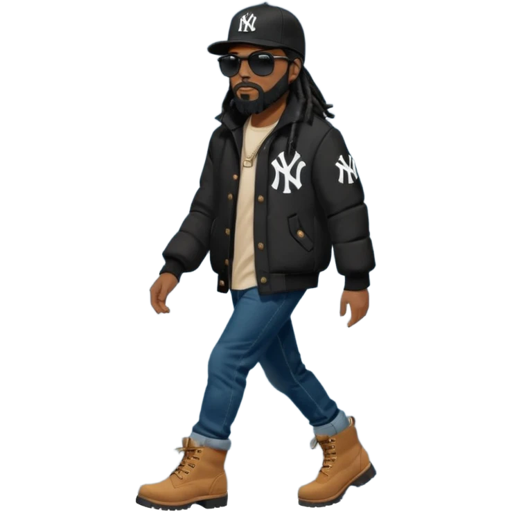 African American man with shoulder length black dreadlocks with black beard wearing black sunglasses wearing a black New York Yankees logo baseball cap wearing a black bubble winter coat wearing denim skinny jeans and timberland boots walking left emoji