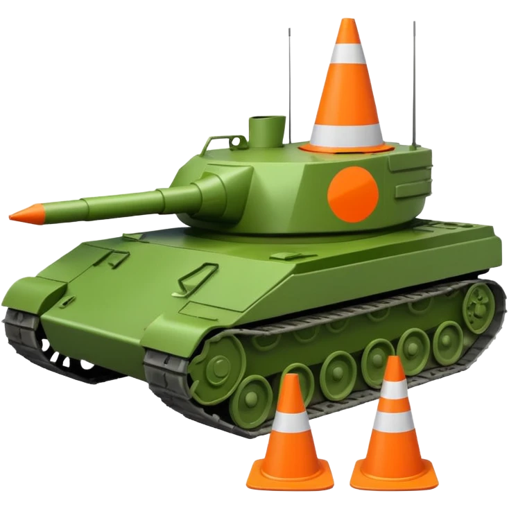 green military tank with a traffic cone with a sad face flattened under its treads, emoji style emoji