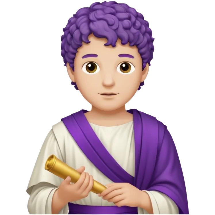 An emoji portrait of a young Roman patrician. He wears a white toga with a purple border. He has short curly hair and a dignified expression, holding a small scroll. emoji