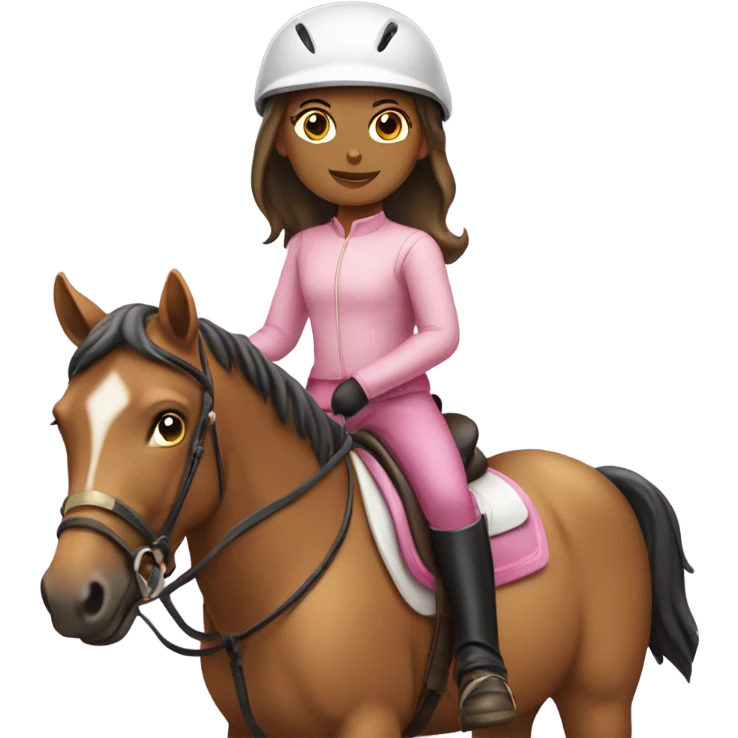 young girl riding a horse wearing tan pants, a pink long sleeve, a riding helmet and boots emoji