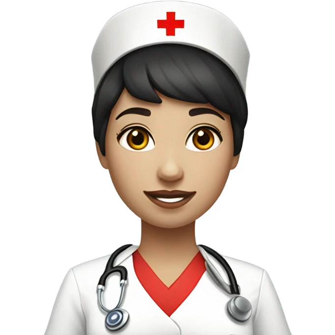pixie cut black straight hair female nurse with red cross sign hat wearing dress
pale skin color emoji