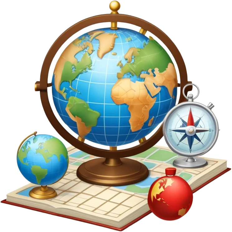 An icon featuring a hotel building, and a globe, symbolizing the scientific study of tourism and hospitality. The design includes a map, a compass, and a checklist, representing travel planning and service management. Transparent background highlights the academic exploration of the tourism industry emoji