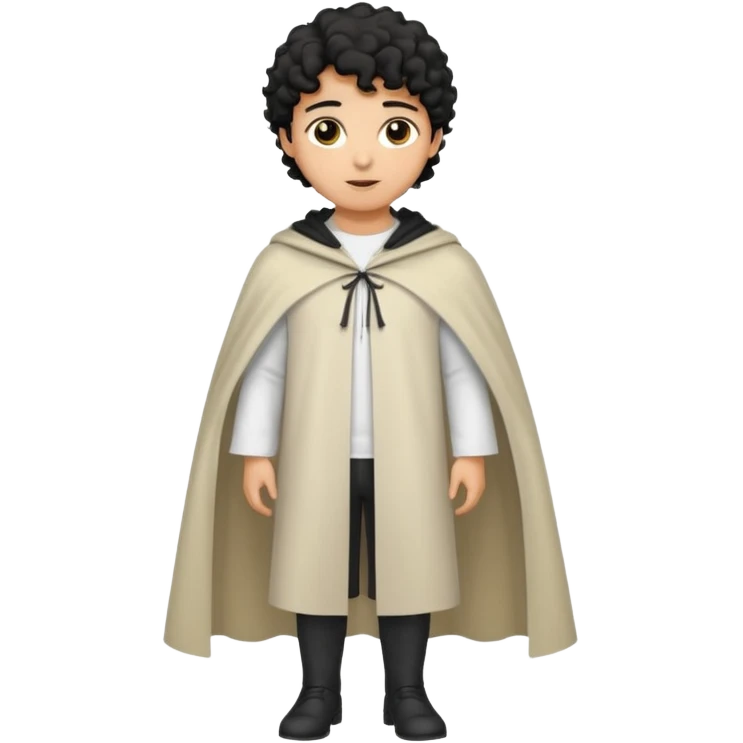 Apariencia: Joven de unos 25-30 años, atractivo,.
-Rostro: Ojos oscuros, piel ligeramente morena, rasgos árabes finos.
-Cabello: Negro, rizado corto, viste como cristiano (camisa blanca, capa corta, colores sobrios). Que salga de cuerpo completo emoji