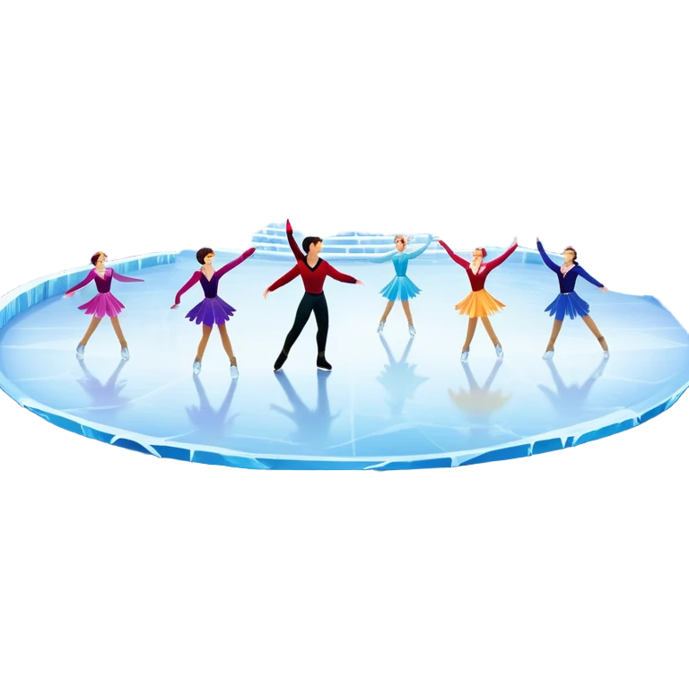 An icon of a theatrical ice show with close-up costumed figure skaters performing a dramatic scene on a glowing ice stage. Spotlights, colorful scenery, and a cheering audience in a grand arena convey the magic and artistry of the ice performance. Transparent background included. emoji