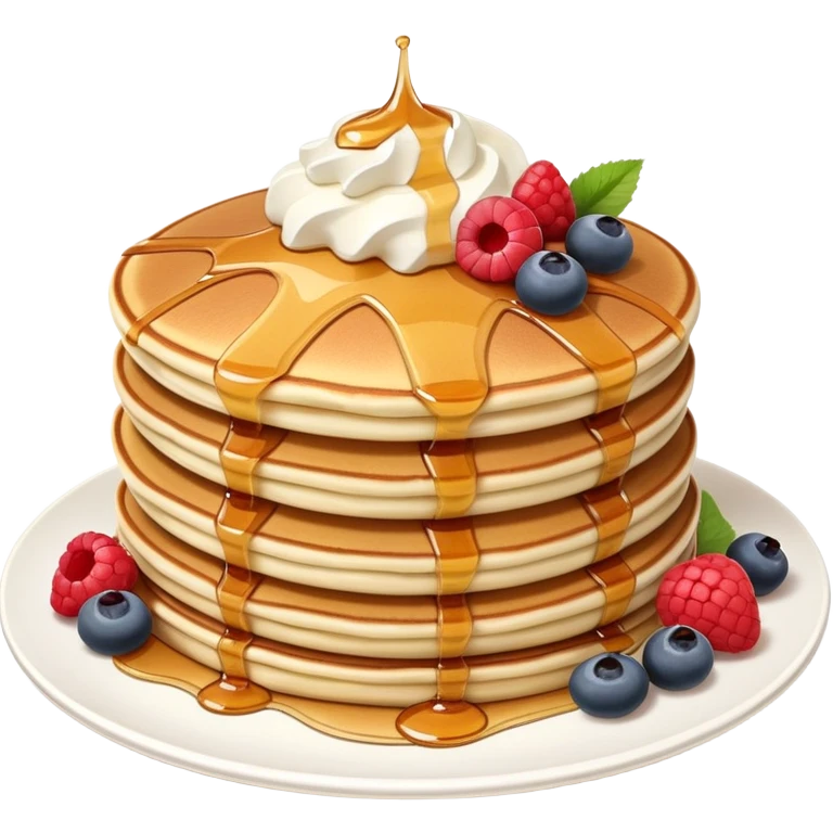 Make a pile of fluffy pancakes with syrup and whipped cream and berries on them emoji