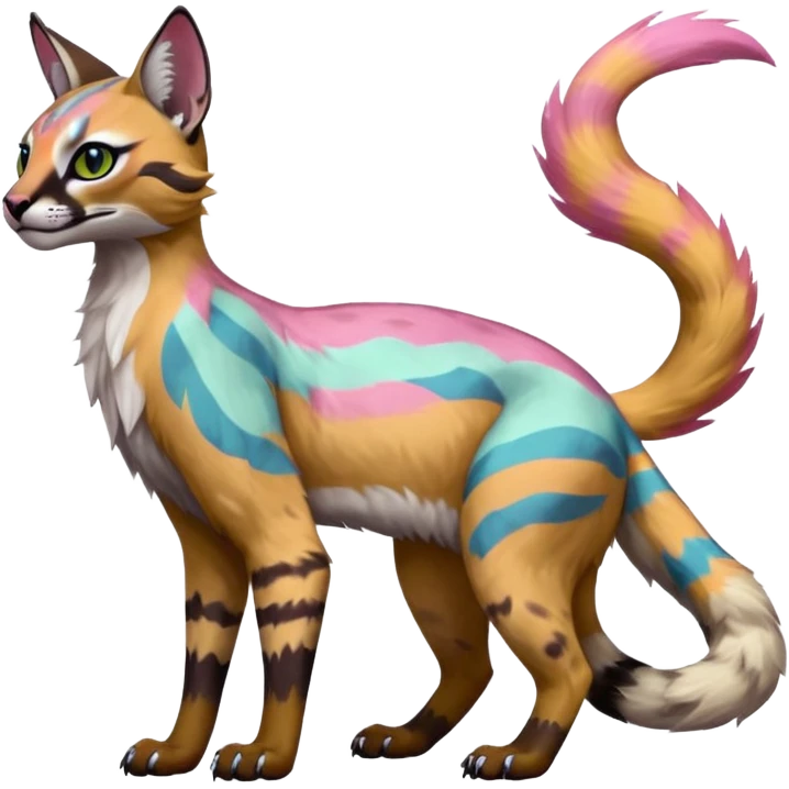 Realistic Colorful pale fruity glorious exotic neon vibrant zigzagged fantasy-caracal-civet-genet-sergal-vernid-Gryphon-Cacomistle-Trico-oncilla-animal-Fakémon-hybrid-fursona (full body), facial markings, (realism style) emoji